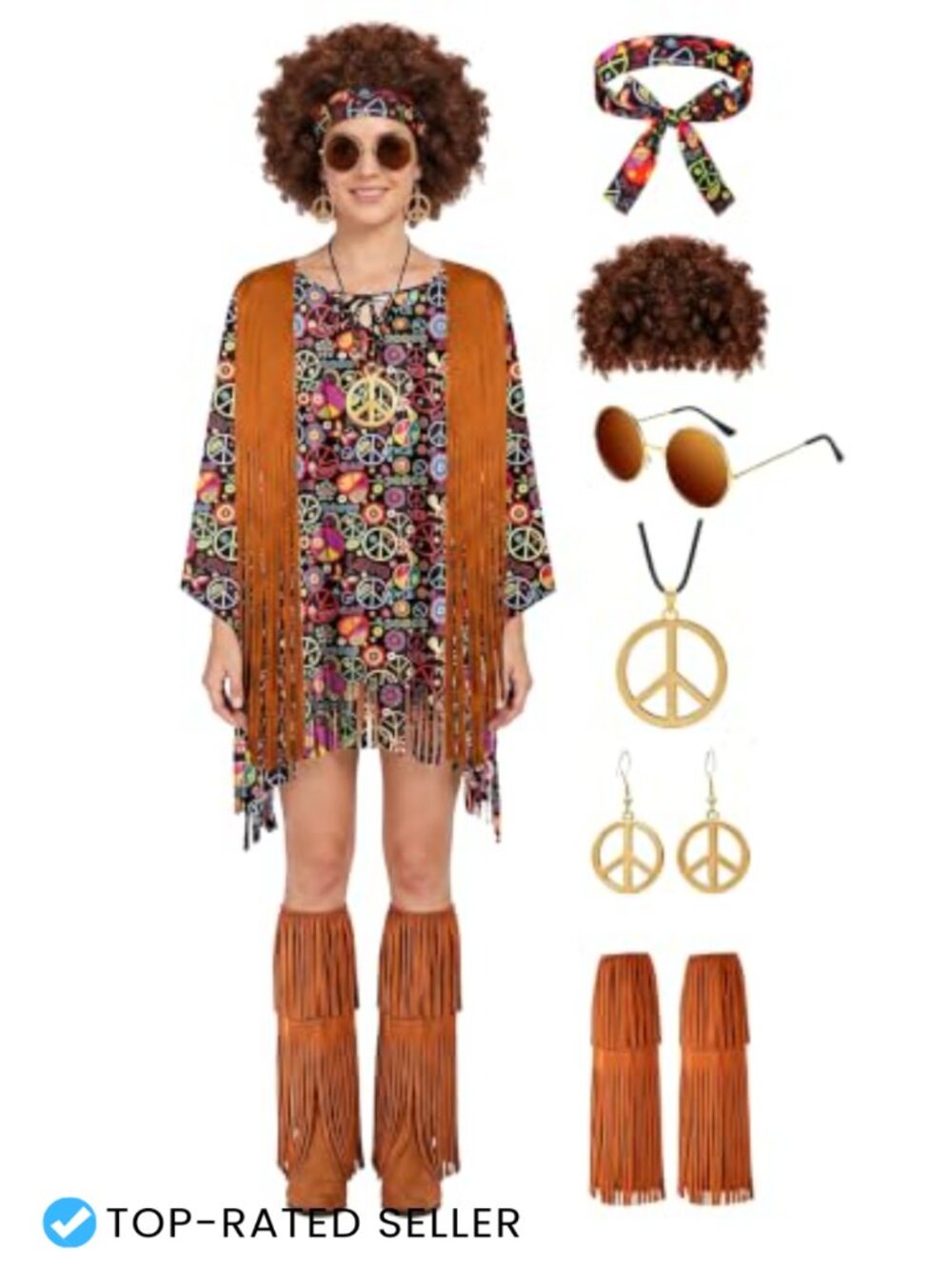 Hippie Costume Set 60s 70s Fringe Poncho Accessories One Size